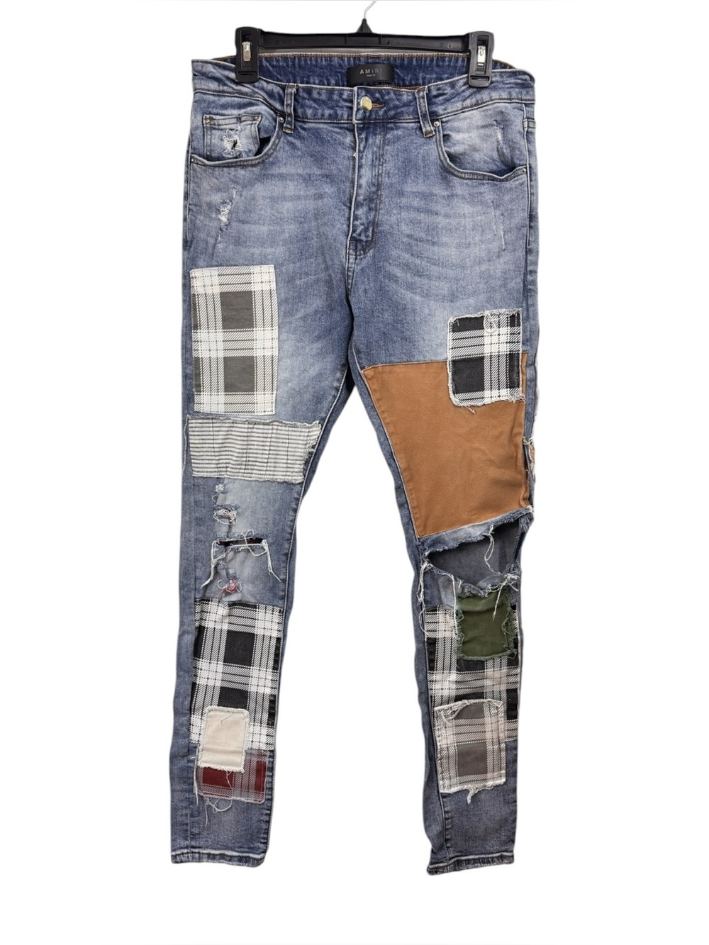 Amiri Jeans Mens 38 Real 33X31 Light Wash Patchwork Distressed Skinny Denim